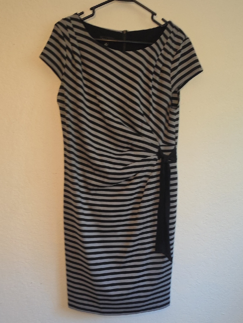 Spense Black and Gray Striped Midi Dress with Side Tie